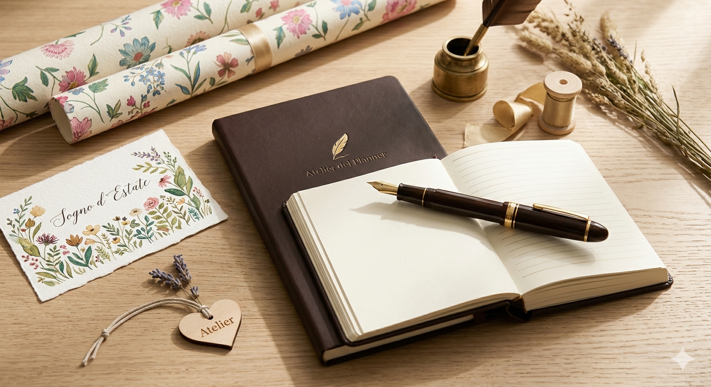 Planner Atelier del Planner aperto con penna stilografica su scrivania in legno con accessori floreali